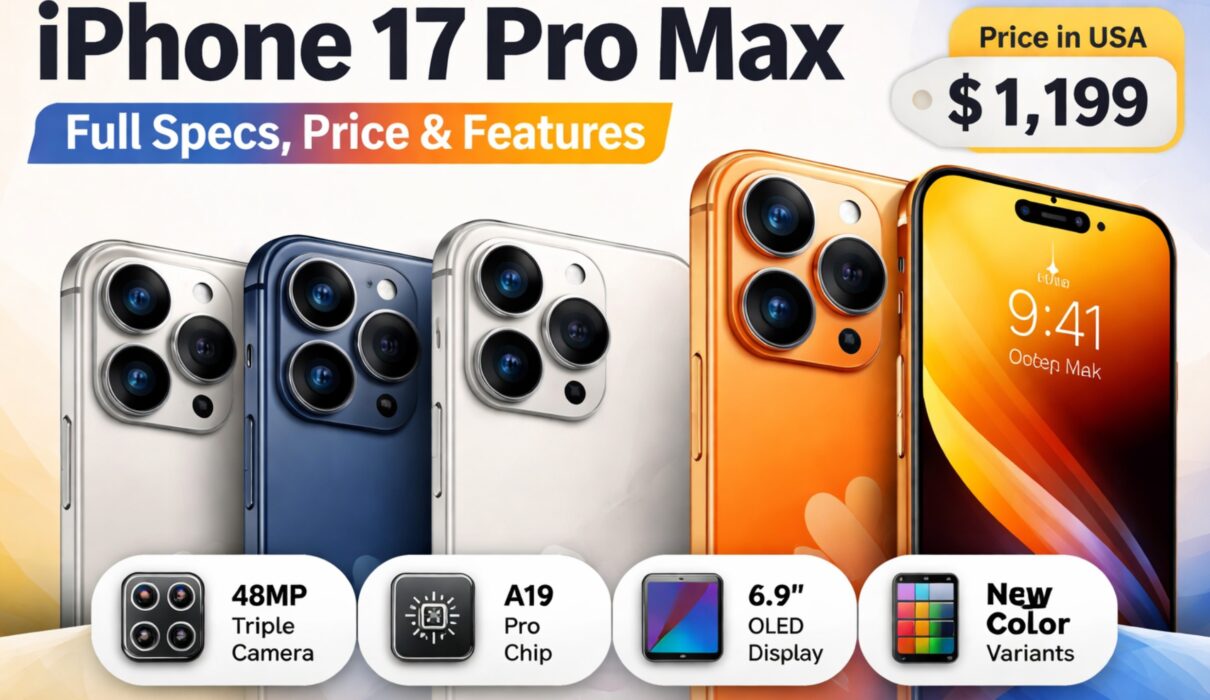iPhone 17 Pro Max full specs image with price in USA, A19 Pro chip, 48MP camera, 6.9 inch OLED display and new colour variants