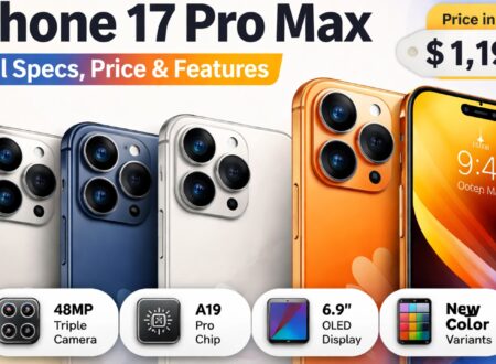 iPhone 17 Pro Max full specs image with price in USA, A19 Pro chip, 48MP camera, 6.9 inch OLED display and new colour variants