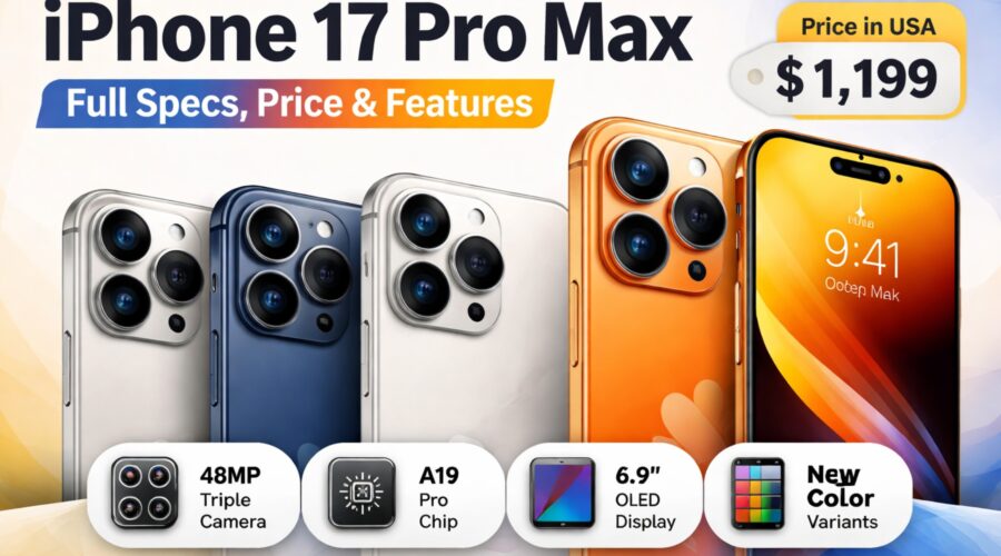 iPhone 17 Pro Max full specs image with price in USA, A19 Pro chip, 48MP camera, 6.9 inch OLED display and new colour variants